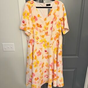 Lane Bryant Cream Midi Dress with Yellow & Pink Floral Print